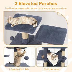57 Inch Cat Tree with Dual Condos and Hammock and 2 Dangling Balls-Gray