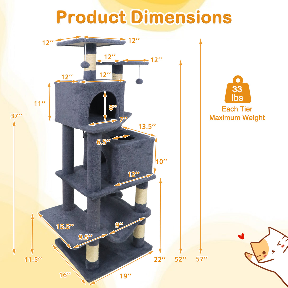 57 Inch Cat Tree with Dual Condos and Hammock and 2 Dangling Balls-Gray
