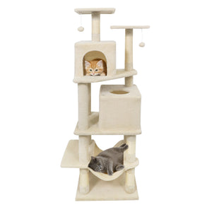 57 Inch Cat Tree with Dual Condos and Hammock and 2 Dangling Balls-Beige