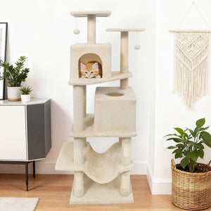 57 Inch Cat Tree with Dual Condos and Hammock and 2 Dangling Balls-Beige