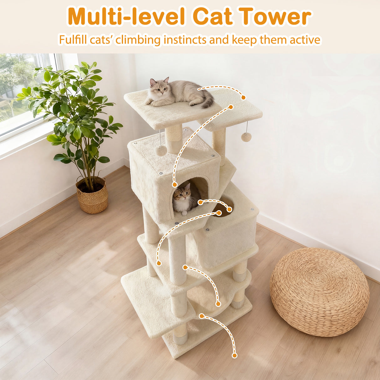 57 Inch Cat Tree with Dual Condos and Hammock and 2 Dangling Balls-Beige