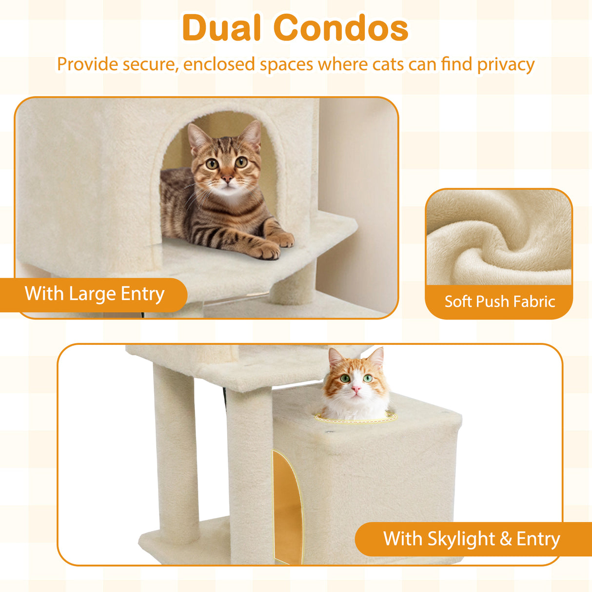 57 Inch Cat Tree with Dual Condos and Hammock and 2 Dangling Balls-Beige