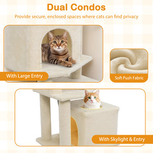 57 Inch Cat Tree with Dual Condos and Hammock and 2 Dangling Balls-Beige