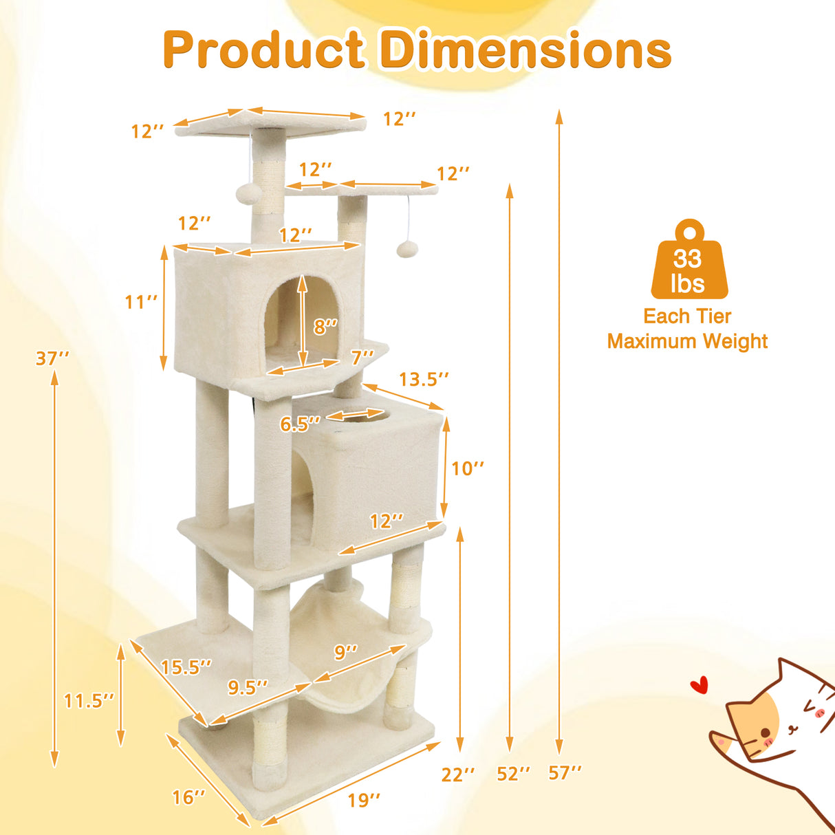 57 Inch Cat Tree with Dual Condos and Hammock and 2 Dangling Balls-Beige