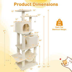 57 Inch Cat Tree with Dual Condos and Hammock and 2 Dangling Balls-Beige