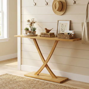 57 Inch Solid Wood Console Table with Teak Wood Frame and Geometric Design