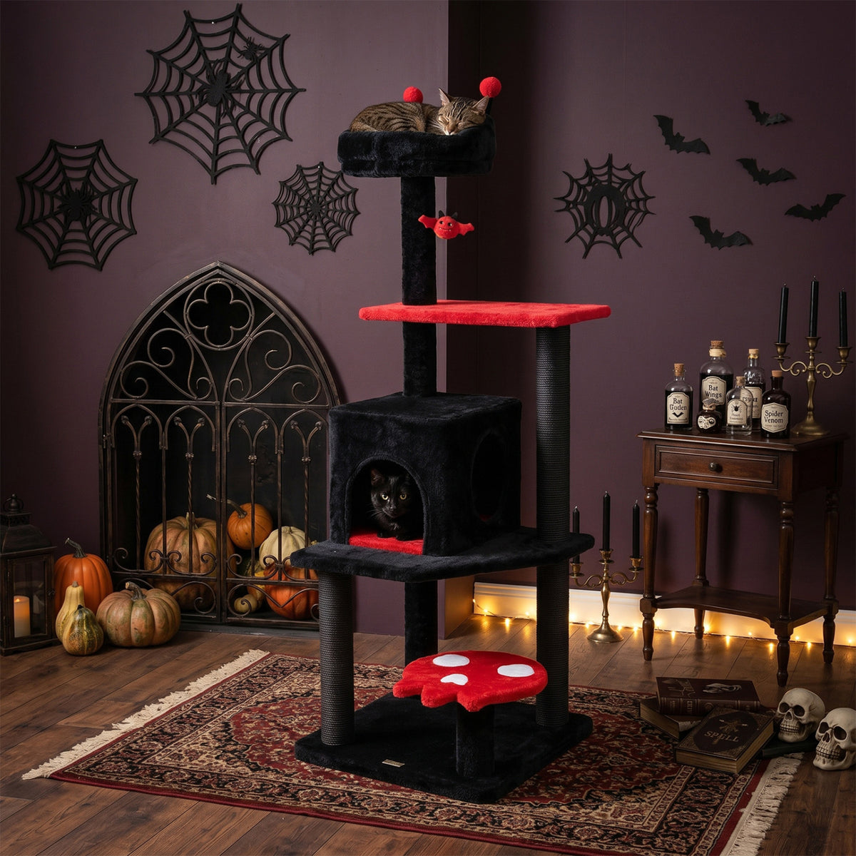57" Spooky Cat Tower with Padded Perch and Spider-shaped Hanging Toy-Red