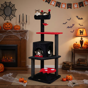 57" Spooky Cat Tower with Padded Perch and Spider-shaped Hanging Toy-Red