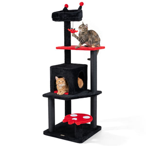 57" Spooky Cat Tower with Padded Perch and Spider-shaped Hanging Toy-Red