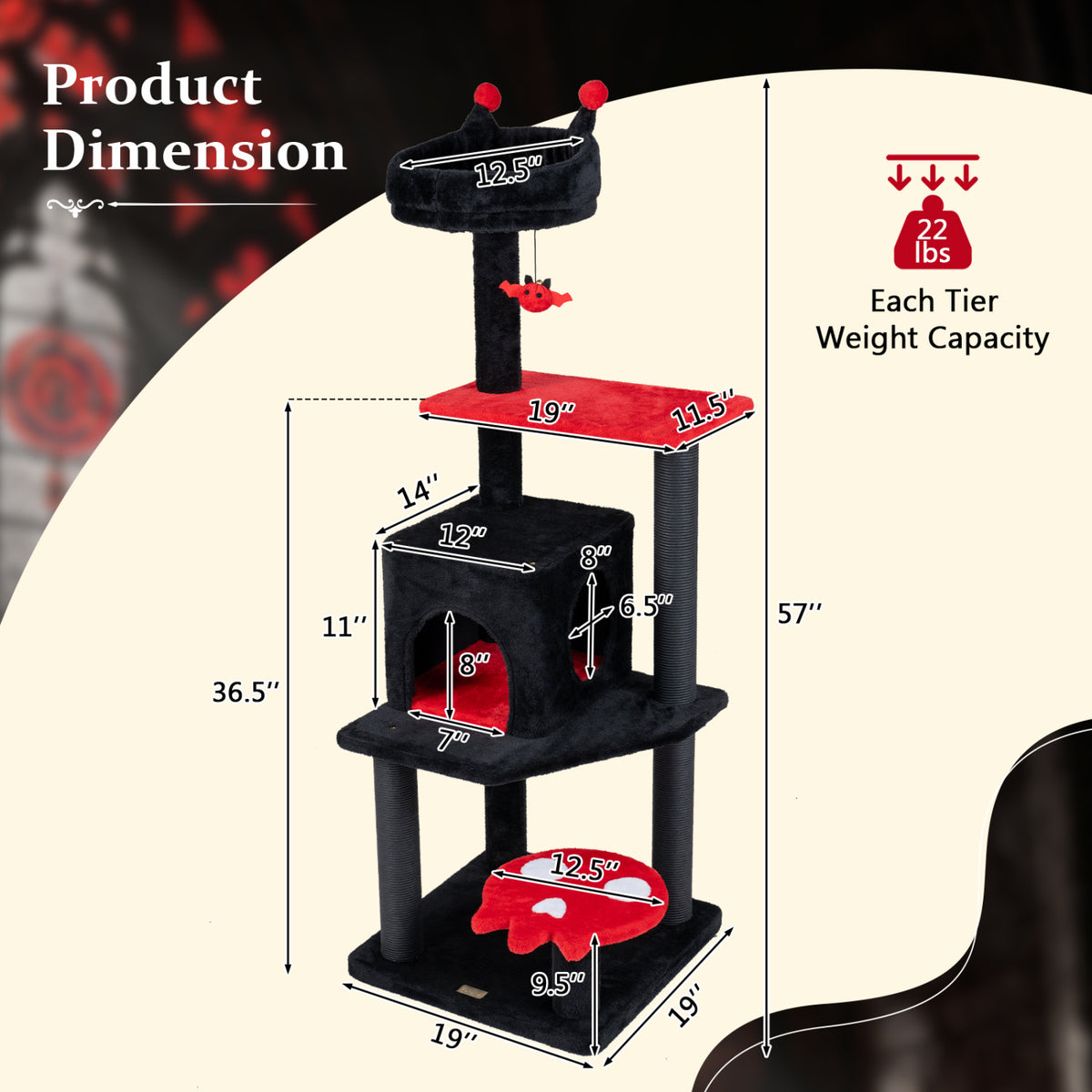 57" Spooky Cat Tower with Padded Perch and Spider-shaped Hanging Toy-Red