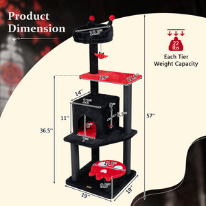 57" Spooky Cat Tower with Padded Perch and Spider-shaped Hanging Toy-Red