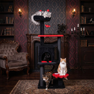 57" Spooky Cat Tower with Padded Perch and Spider-shaped Hanging Toy-Red