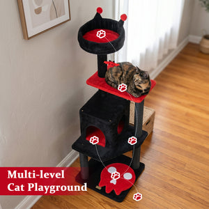 57" Spooky Cat Tower with Padded Perch and Spider-shaped Hanging Toy-Red