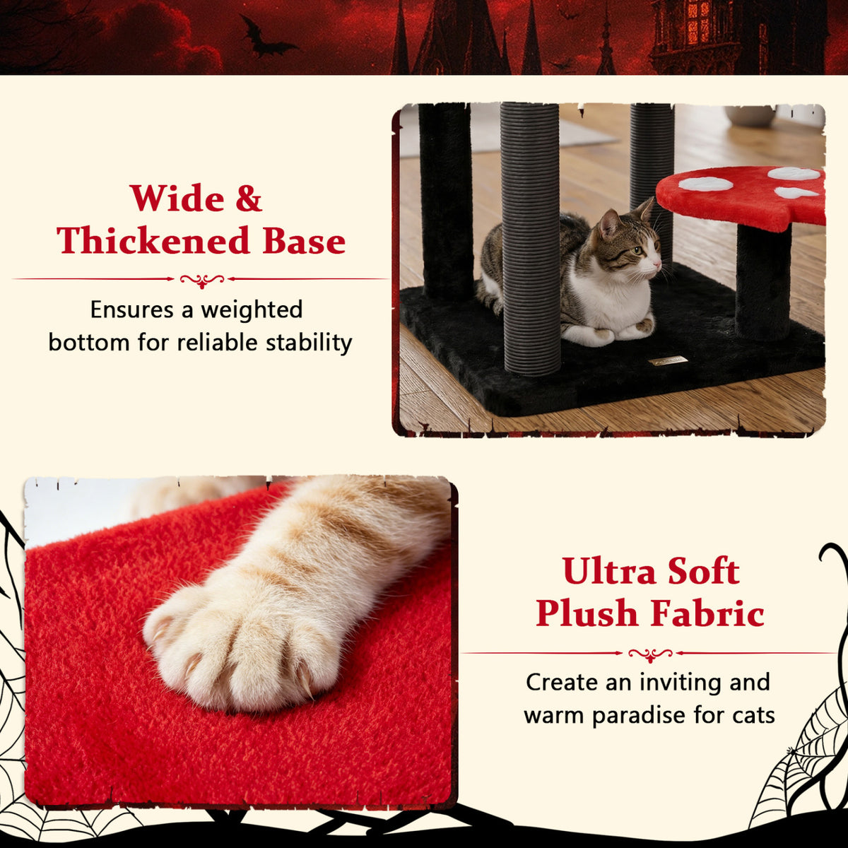 57" Spooky Cat Tower with Padded Perch and Spider-shaped Hanging Toy-Red