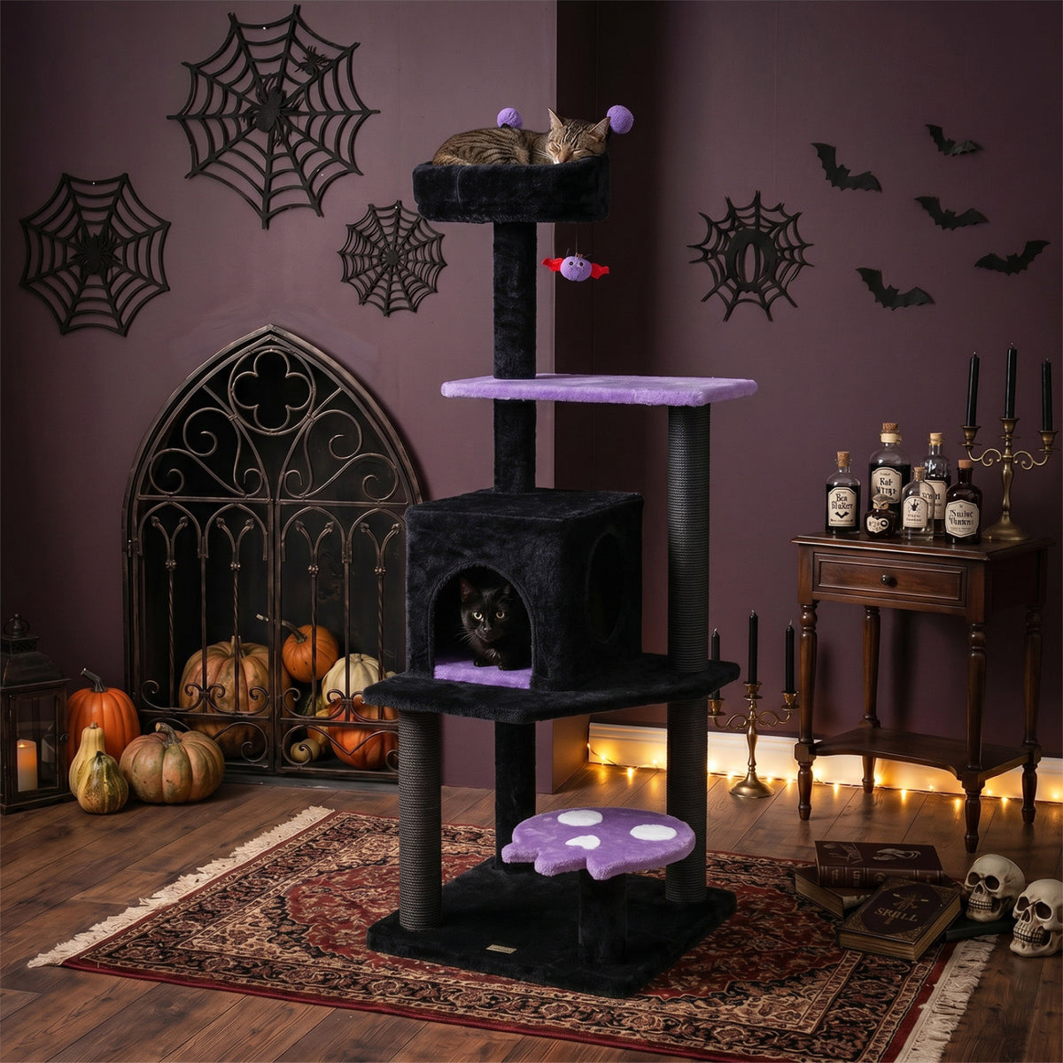 57" Spooky Cat Tower with Padded Perch and Spider-shaped Hanging Toy-Purple