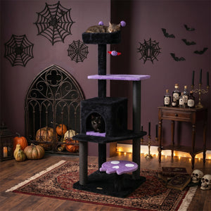 57" Spooky Cat Tower with Padded Perch and Spider-shaped Hanging Toy-Purple