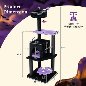 57" Spooky Cat Tower with Padded Perch and Spider-shaped Hanging Toy-Purple