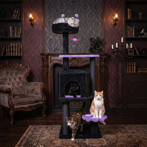 57" Spooky Cat Tower with Padded Perch and Spider-shaped Hanging Toy-Purple
