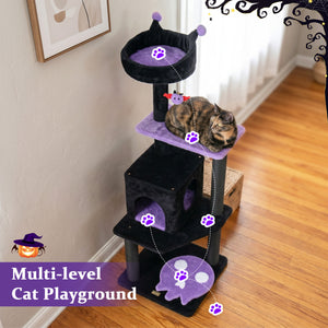57" Spooky Cat Tower with Padded Perch and Spider-shaped Hanging Toy-Purple