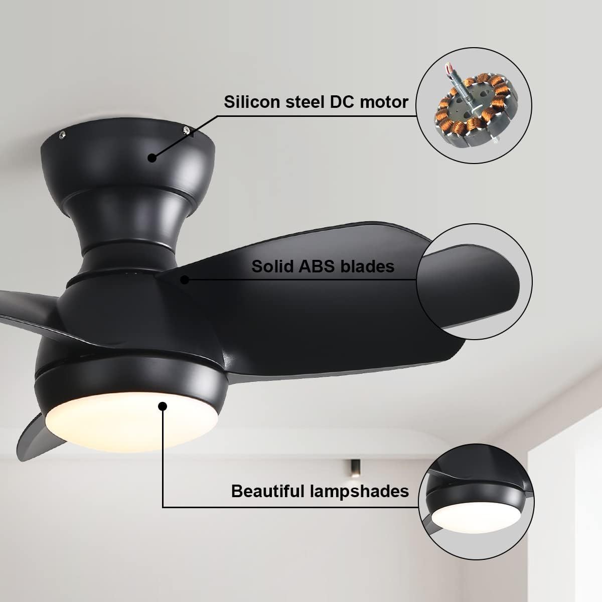 23" Bedroom Ceiling Fan With 3 Color Dimmable 3 ABS Blades Remote Control Dc Motor Black With 18W Led Light by Couch.com