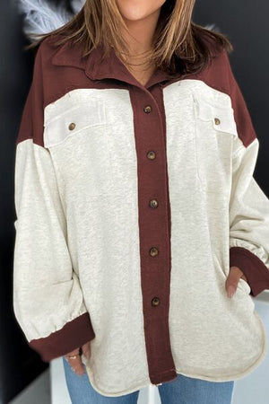 Unique Contrast Collared Pocketed Jacket with Button-Up Closure Modern Women Jacket