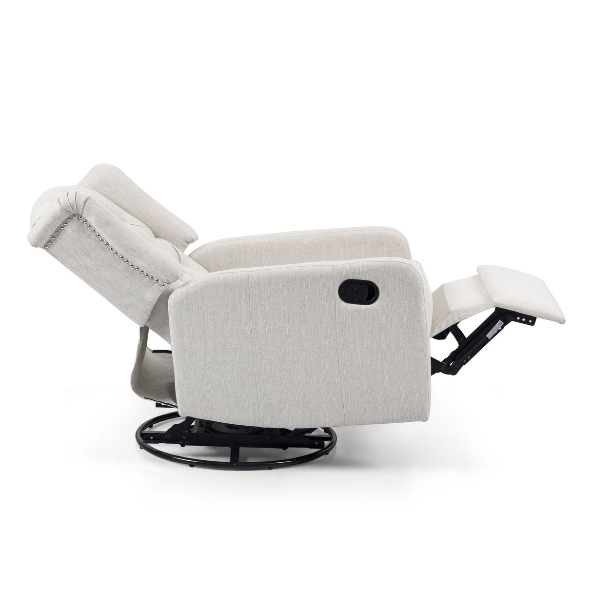 A light gray manual recliner, Classic Design, features a reclined position with an extended footrest. It has a 360-degree swivel base and soft upholstery adorned with subtle nailhead trim.