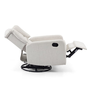 A light gray manual recliner, Classic Design, features a reclined position with an extended footrest. It has a 360-degree swivel base and soft upholstery adorned with subtle nailhead trim.