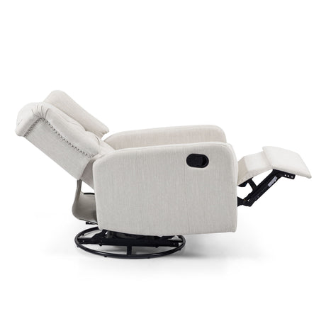 A light gray manual recliner, Classic Design, features a reclined position with an extended footrest. It has a 360-degree swivel base and soft upholstery adorned with subtle nailhead trim.