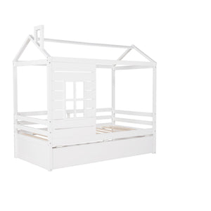 Twin Size Classic House Bed With Twin Size Trundle - White by Couch.com