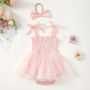 Baby Girl Mesh Camisole Princess Dress With Bowknot Headwear