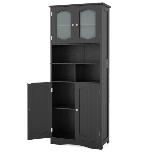58.5 Inch Freestanding Linen Bathroom Storage Cabinet with Frost Glass Doors-Black