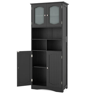 58.5 Inch Freestanding Linen Bathroom Storage Cabinet with Frost Glass Doors-Black