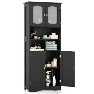 58.5 Inch Freestanding Linen Bathroom Storage Cabinet with Frost Glass Doors-Black
