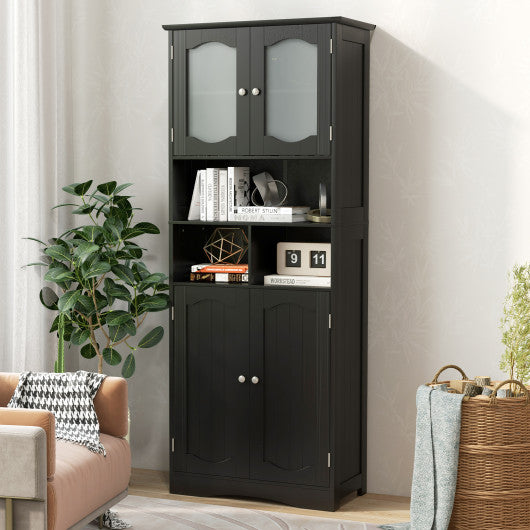 58.5 Inch Freestanding Linen Bathroom Storage Cabinet with Frost Glass Doors-Black