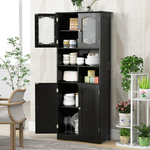 58.5 Inch Freestanding Linen Bathroom Storage Cabinet with Frost Glass Doors-Black