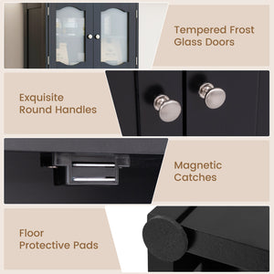 58.5 Inch Freestanding Linen Bathroom Storage Cabinet with Frost Glass Doors-Black