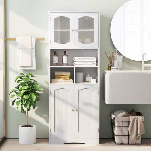58.5 Inch Freestanding Linen Bathroom Storage Cabinet with Frost Glass Doors-White