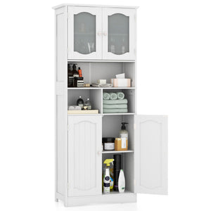 58.5 Inch Freestanding Linen Bathroom Storage Cabinet with Frost Glass Doors-White