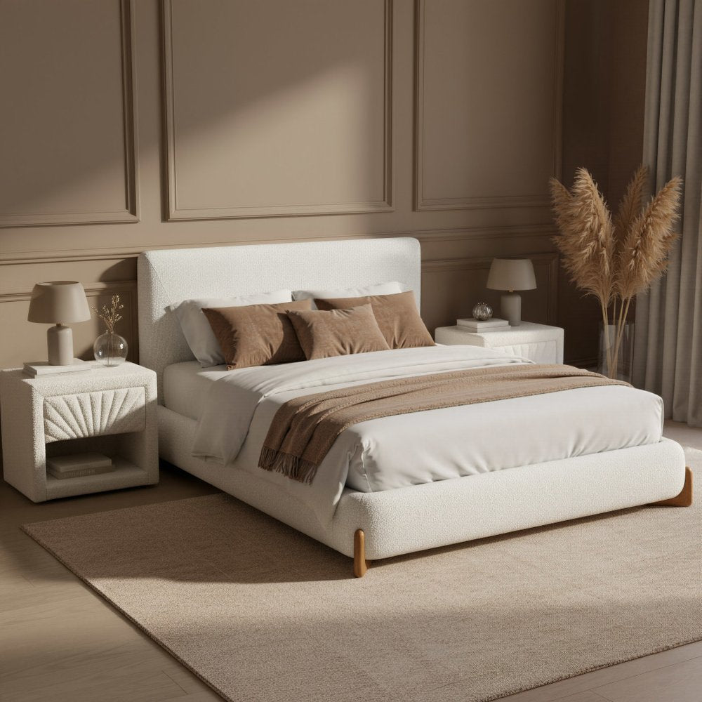 Ivory Solid Wood And Boucle Queen Bed Frame