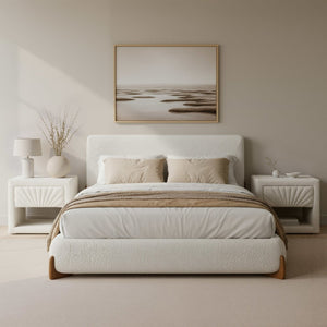Ivory Solid Wood And Boucle Queen Bed Frame