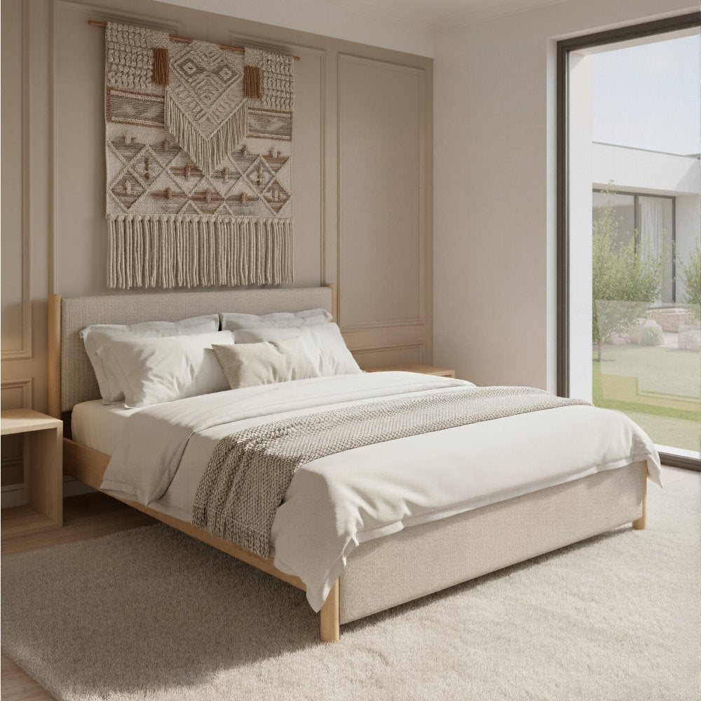 Natural and Beige Wood And Upholstery King Bed Frame