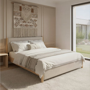 Natural and Beige Wood And Upholstery King Bed Frame