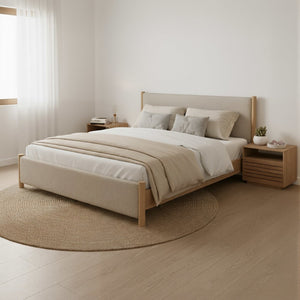 Natural and Beige Wood And Upholstery King Bed Frame