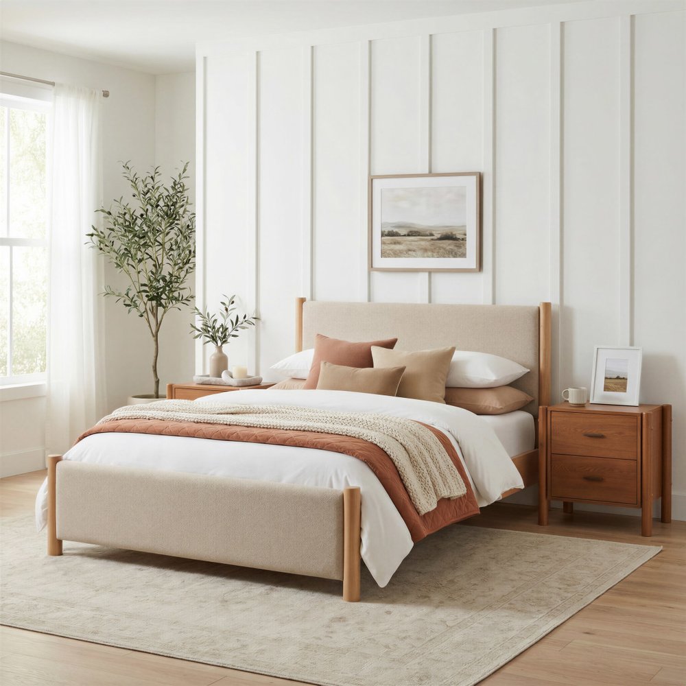 Beige Wood And Upholstery Queen Bed Frame