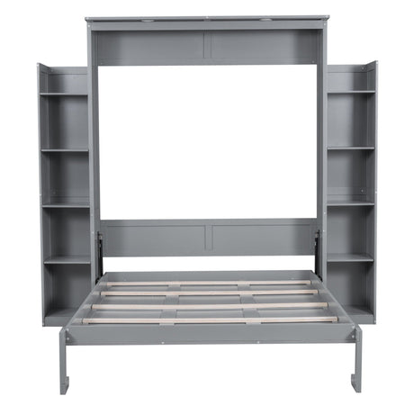A partially unfolded Wall Murphy Bed With Shelves And LED Lights shows a gray frame on the wall. The bed features storage shelves on both sides, and its frame folds vertically into the wall unit when not in use.