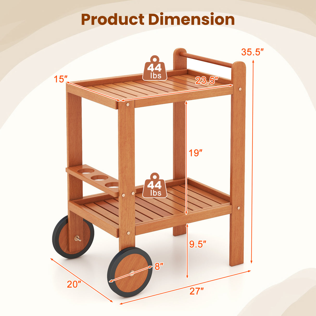 2 Tier Rolling Serving Cart with Wine Bottle Holders and 2 Rubber Wheels