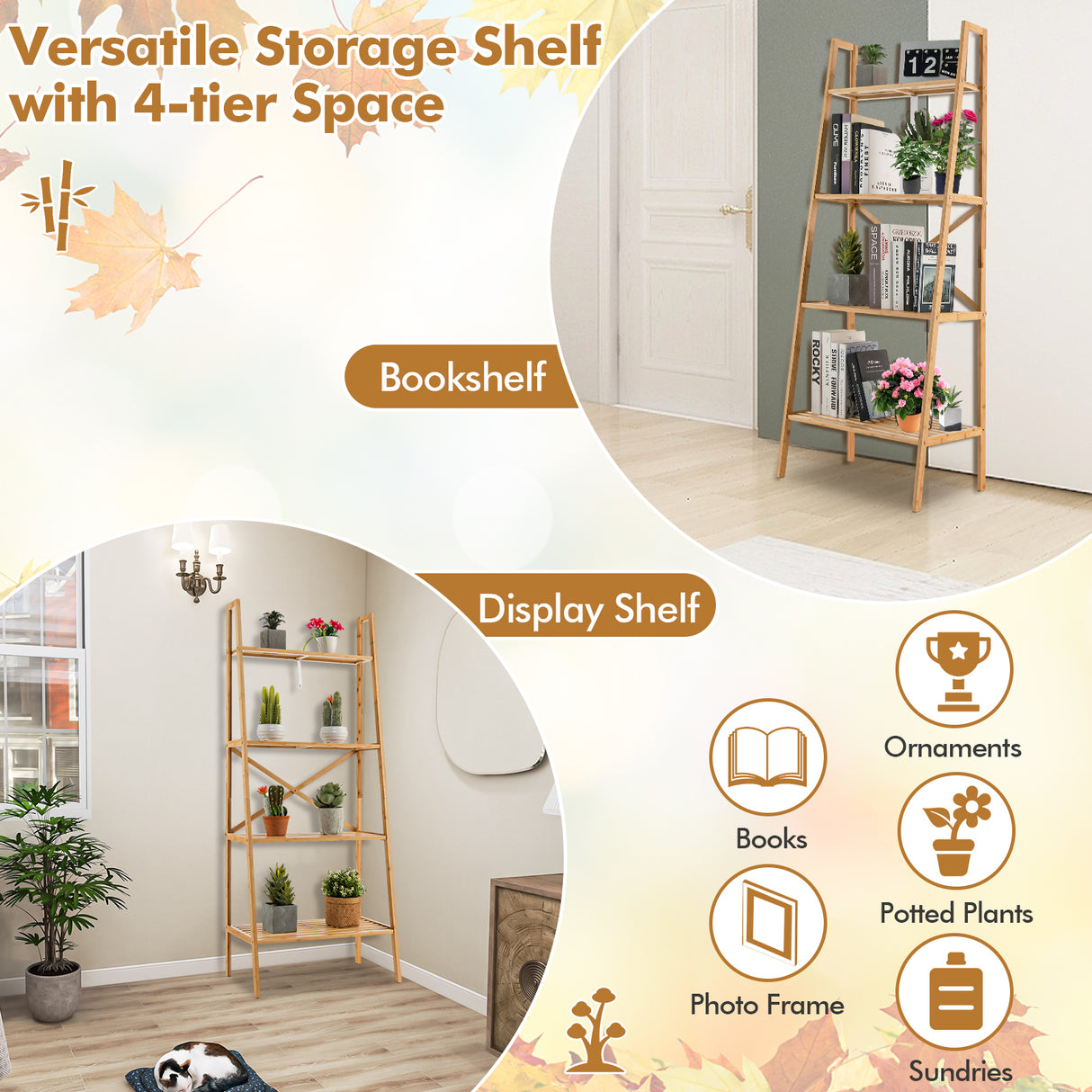 58 Inch 4-Tier Bamboo Ladder Bookshelf-Natural