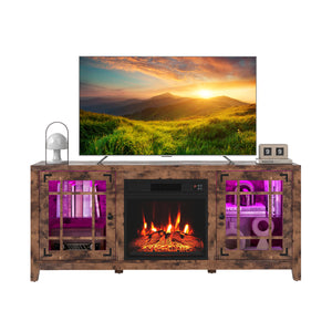 58" Fireplace TV Stand with LED Lights and 18" Electric Fireplace-Rustic Brown