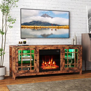58" Fireplace TV Stand with LED Lights and 18" Electric Fireplace-Rustic Brown