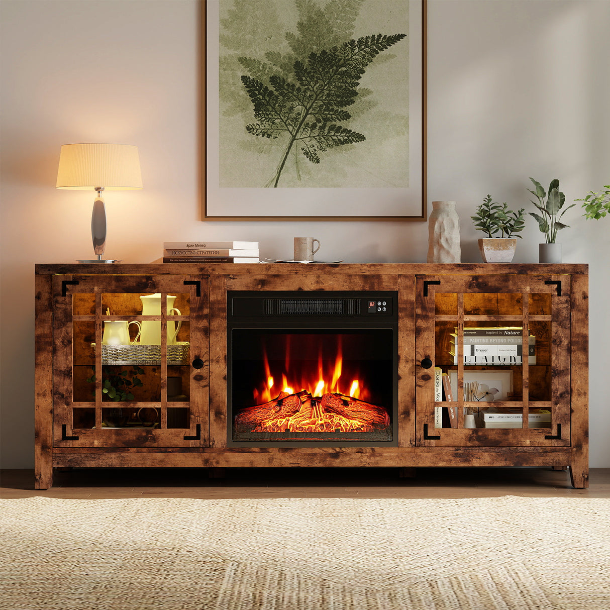 58" Fireplace TV Stand with LED Lights and 18" Electric Fireplace-Rustic Brown